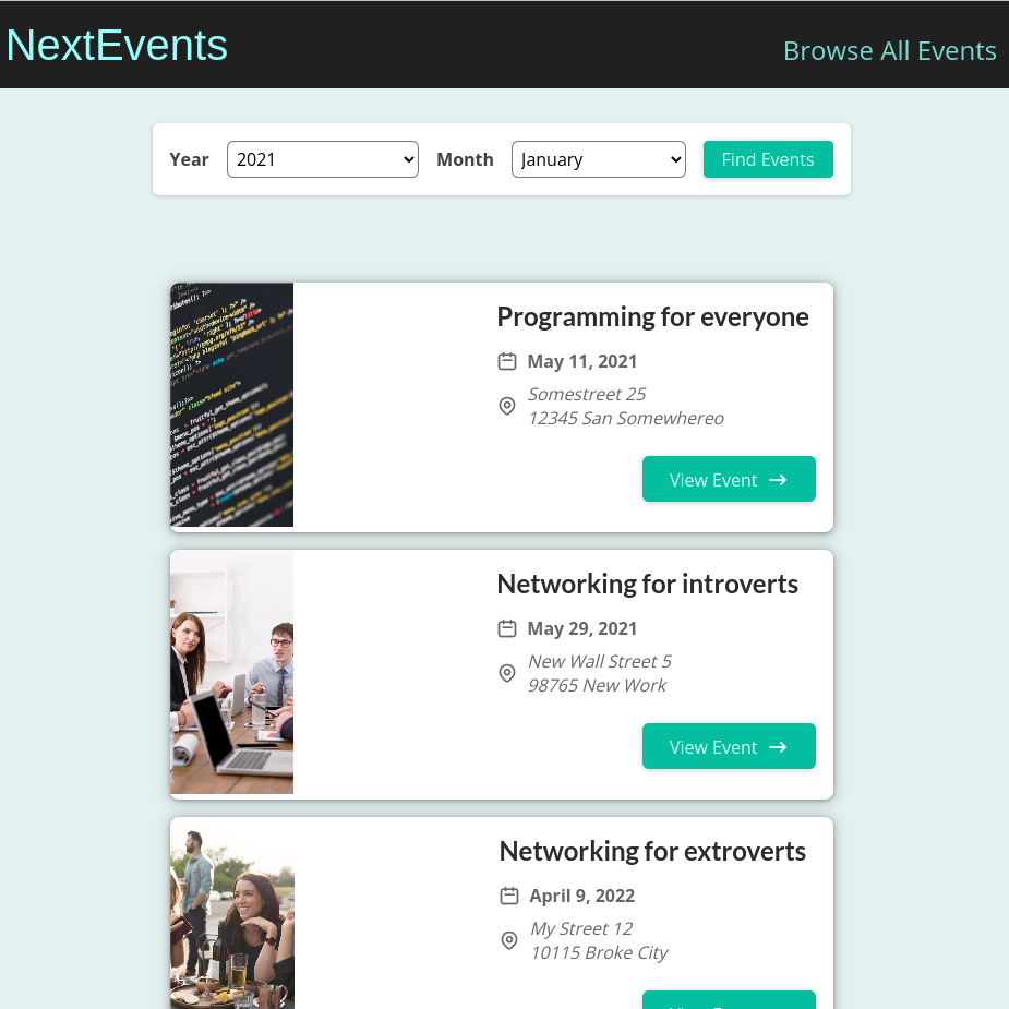 Next.js events demo app screenshot